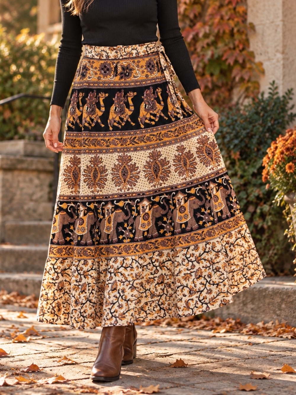 Made in Nepal Boho Elephant Print Cotton Adjustable Wrap Maxi Skirt